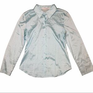 Tahari Silk Long Sleeve Aqua Button-Down Shirt Medium